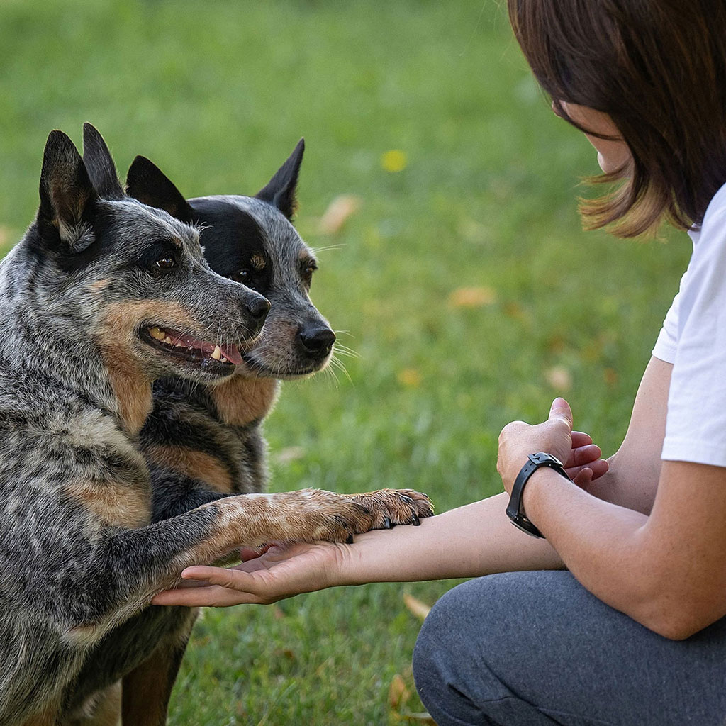 Спокойный австралийский хилер на прогулке в городе. Воспитание комфортной собаки без жестких методов
